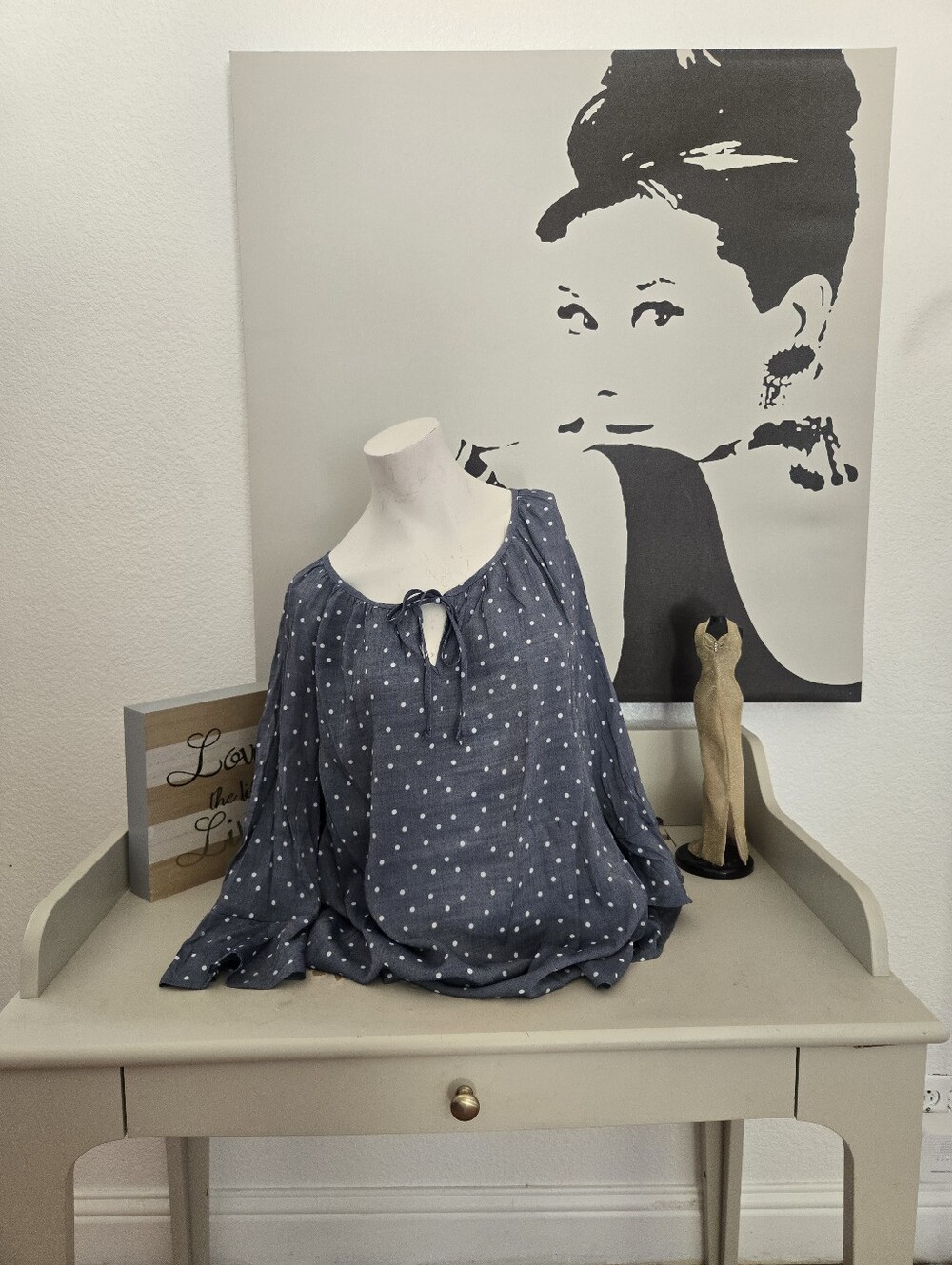 NWT Fred David Women’s Navy Blue Polka Dot Peasant Blouse Size 1X